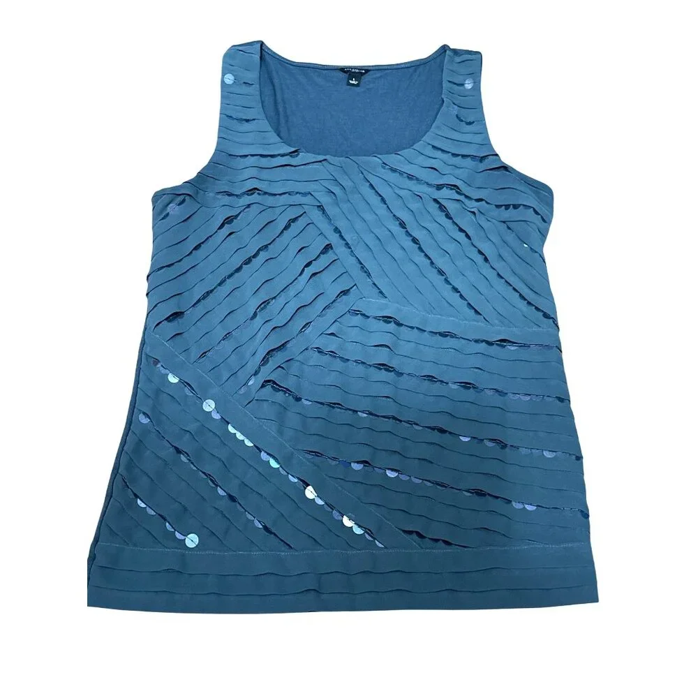 Ann Taylor Large Dark Green Sleeveless Tank Top Iridescent Sequin Ribbed Design - Picture 9 of 13